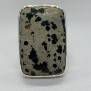 .925 Sterling Silver Dalmatian Jasper Adjustable Ring Square New